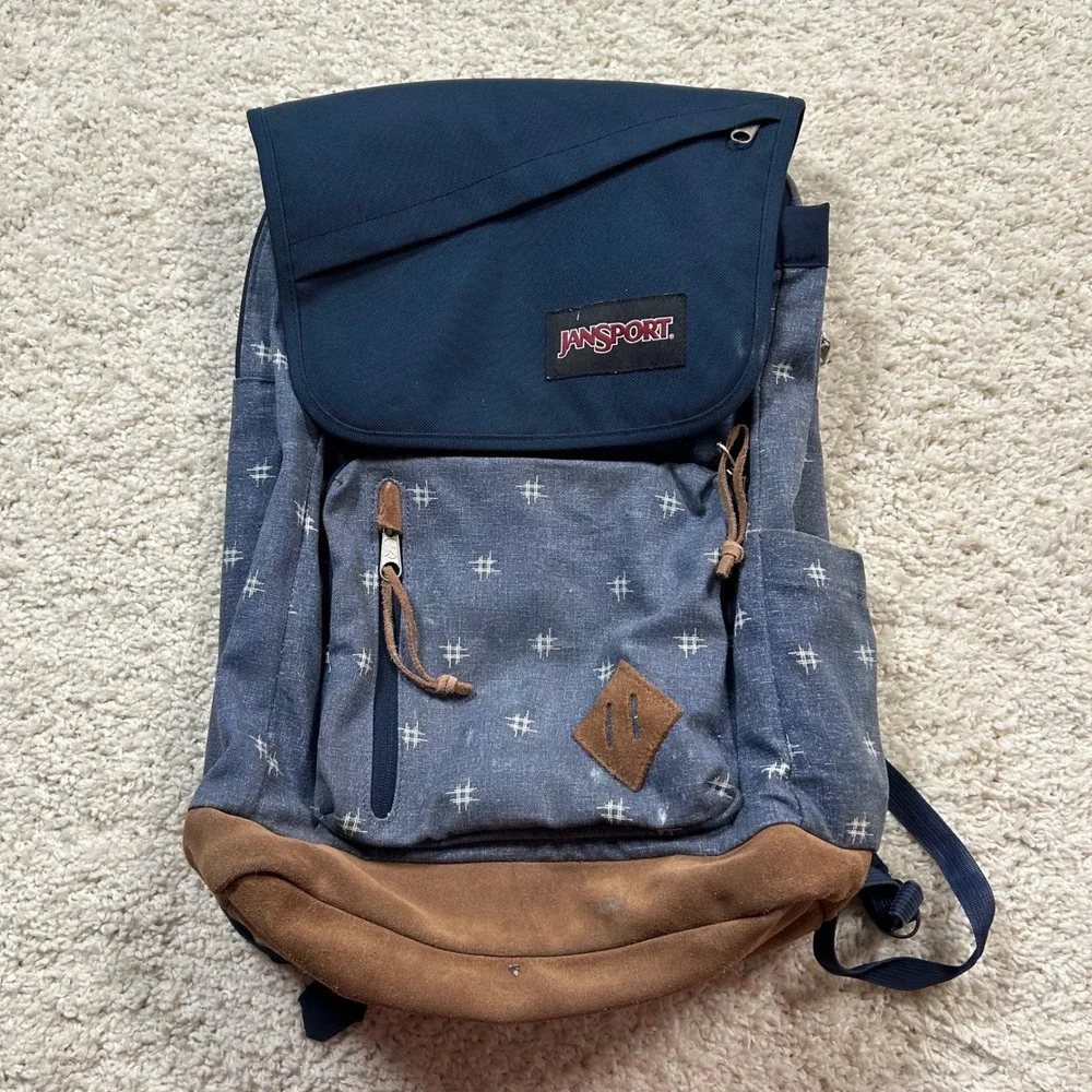 JanSport Hensley Backpack Blue Denim Hashtag Print Leather Bottom JS00T69K